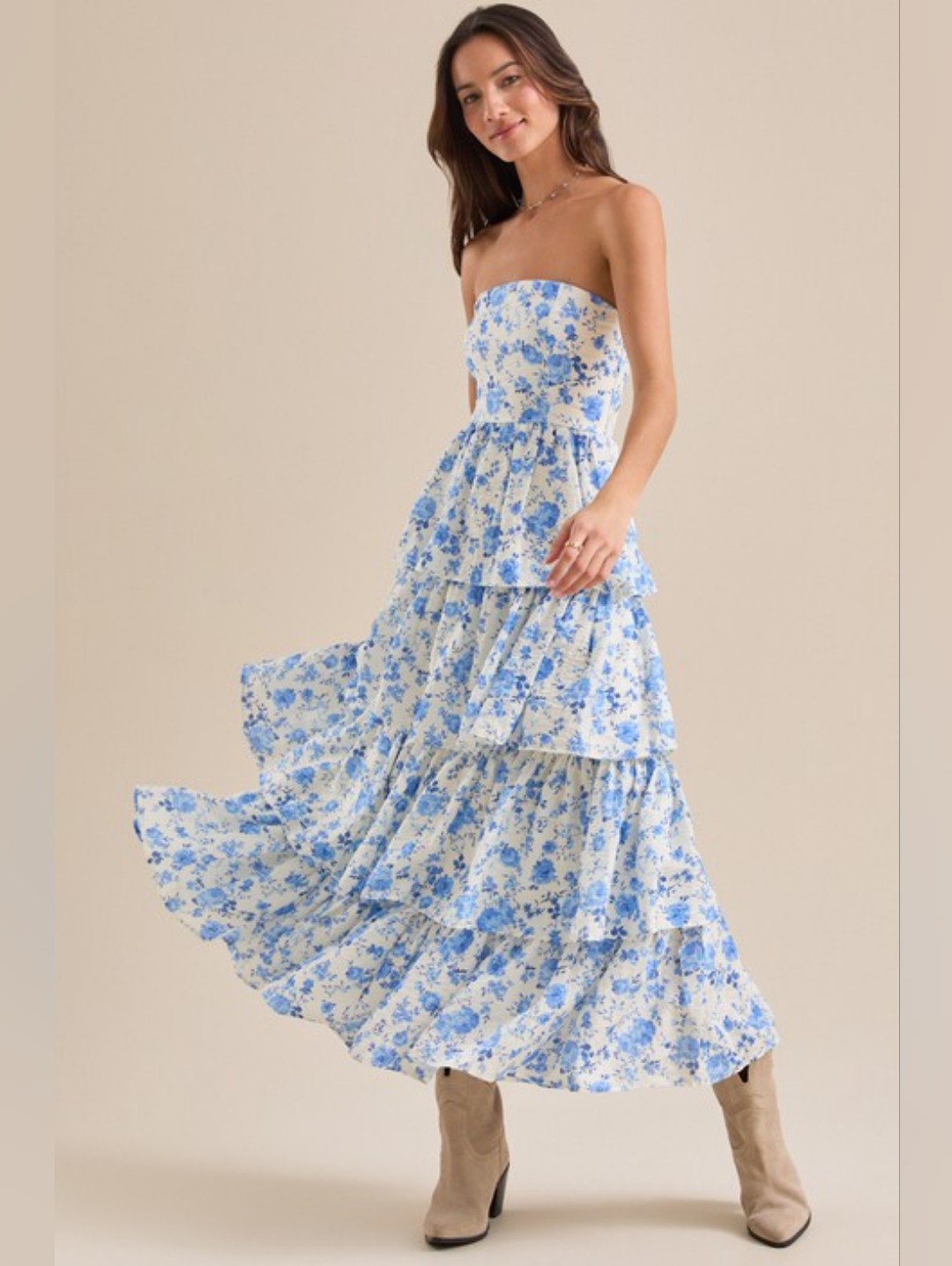 Altar'd State Halina Strapless Floral Maxi Dress Tiered Blue White Sz S Cottage